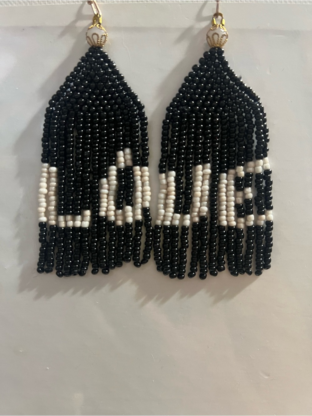 Fringed LOVE Beaded Drop Earrings in Black and White